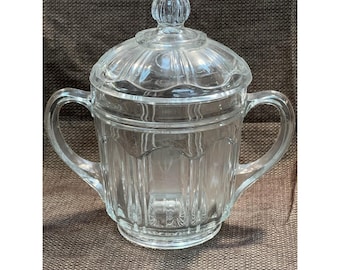 Hazel Atlas Clear Glass 2 Handle Sugar Bowl w/Lid ~ Vintage 1930s (1656)
