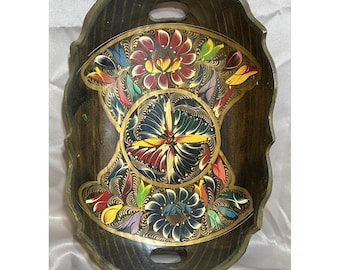 Bandeja ovalada de madera de arte popular vintage pintada a mano con asas Woolworth (2431)