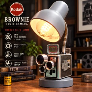 Può includere: Una lampada da scrivania ricavata da una cinepresa vintage Kodak Brownie 8mm con torretta a tre obiettivi, montata su una base circolare grigia con paralume regolabile abbinato e una lampadina a filamento a vista.