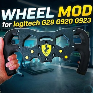 May include: Black wheel mod for Logitech G29, G920, and G923. The mod features a black design with yellow accents and a Ferrari emblem. The text "WHEEL MOD" is displayed at the top.