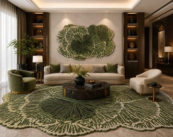 May include: A stylish living room with a large, green and cream patterned rug, a cream sofa with green cushions, and two armchairs. A large, green wall art piece hangs above the sofa. A dark marble coffee table sits in the centre.