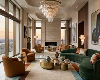 May include: A living room featuring a large curved dark green sofa with orange and cream cushions, several tan armchairs, and a multi-tiered crystal chandelier. A central area rug with geometric colour blocks sits beneath brass coffee tables.