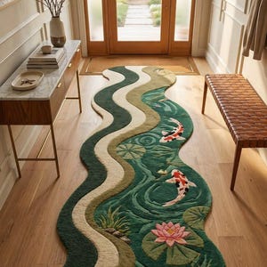 Hand Tufted Koi Fish River Rug, Wavy Runner Rug Lotus Pond Carpet Abstract Green Area Rug Handmade Luxury Hallway Runner Nature Inspired Rug