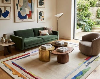 Handmade Tufted Abstract Wool Rug, Modern Artistic Area Rug, Luxury Neutral Carpet, Contemporary Home Decor wool rug custom size rug