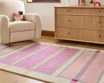 Hand Tufted Pink Area Rug, Modern Geometric Wool Rug, Scandinavian Nursery Rug, Kids Room Carpet, Contemporary Home Decor girl pink rug
