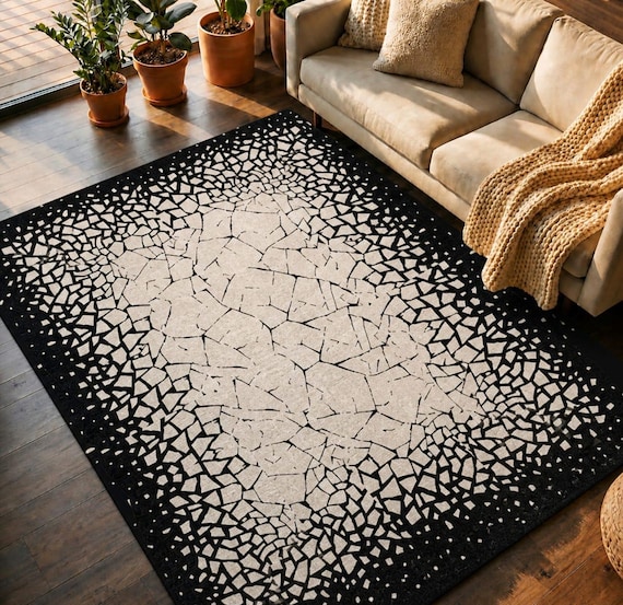 Hand Tufted Abstract Black Ivory Rug, Modern Mosaic Shattered Design Carpet, Luxury Minimalist Area Rug, Contemporary Living Room Decor