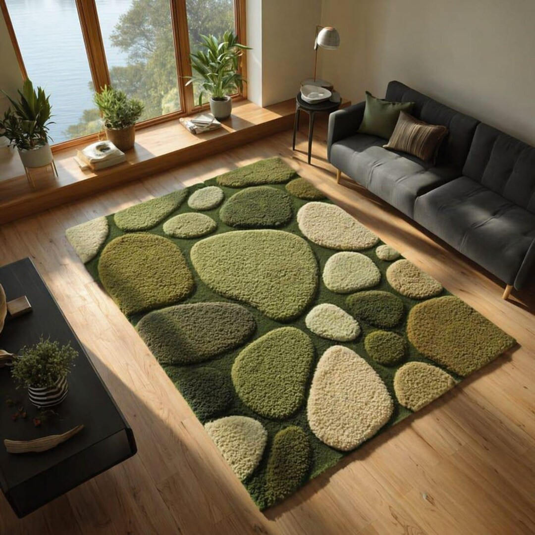 Hand Tufted Moss Pebble Rug, Green Nature Inspired Rug, Luxury Organic ...