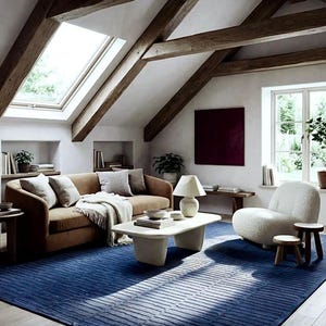 May include: A cozy living room with a brown sofa, white coffee table, and a blue rug. The room features a skylight, wooden beams, and a white armchair. Decorative pillows and a blanket add to the inviting atmosphere.