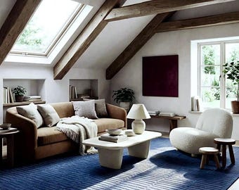May include: A stylish living room with a brown sofa, white coffee table, and a blue rug. The room features a skylight, wooden beams, and a white armchair. Decorative pillows and a blanket add to the inviting atmosphere.