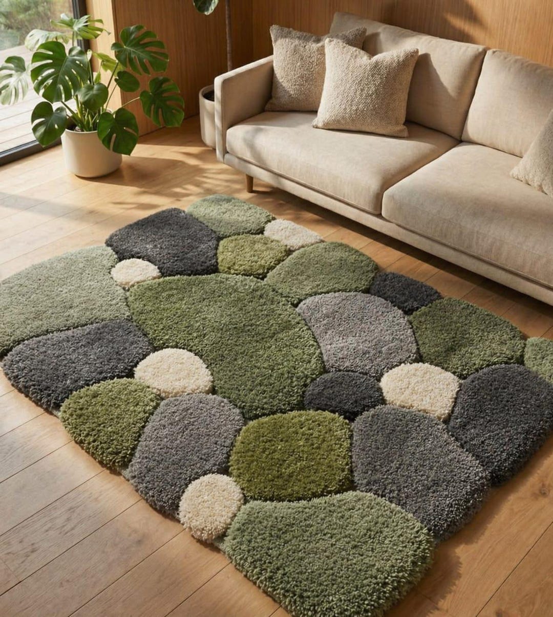 Hand Tufted Moss Rug Organic Pebble Shape Rug Green Neutral Area Rug ...