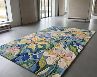 Colorful Floral Area Rug, Handmade Botanical Carpet, Luxury Flower Living Room Rug, Modern Tufted Home Décor Rug boho floral rug girl rug