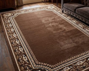 Luxury Brown Handmade Tufted Rug, Vintage Floral Area Rug, Custom Wool Carpet, Modern Living Room Rug, Hand Tufted Persian Style Rug