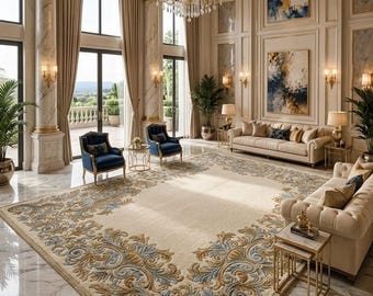 May include: An opulent living room with a large beige rug featuring elaborate blue and gold floral designs. The room includes two blue armchairs, two beige sofas, and a crystal chandelier. The walls are cream-coloured with gold accents, and large windows offer a view.