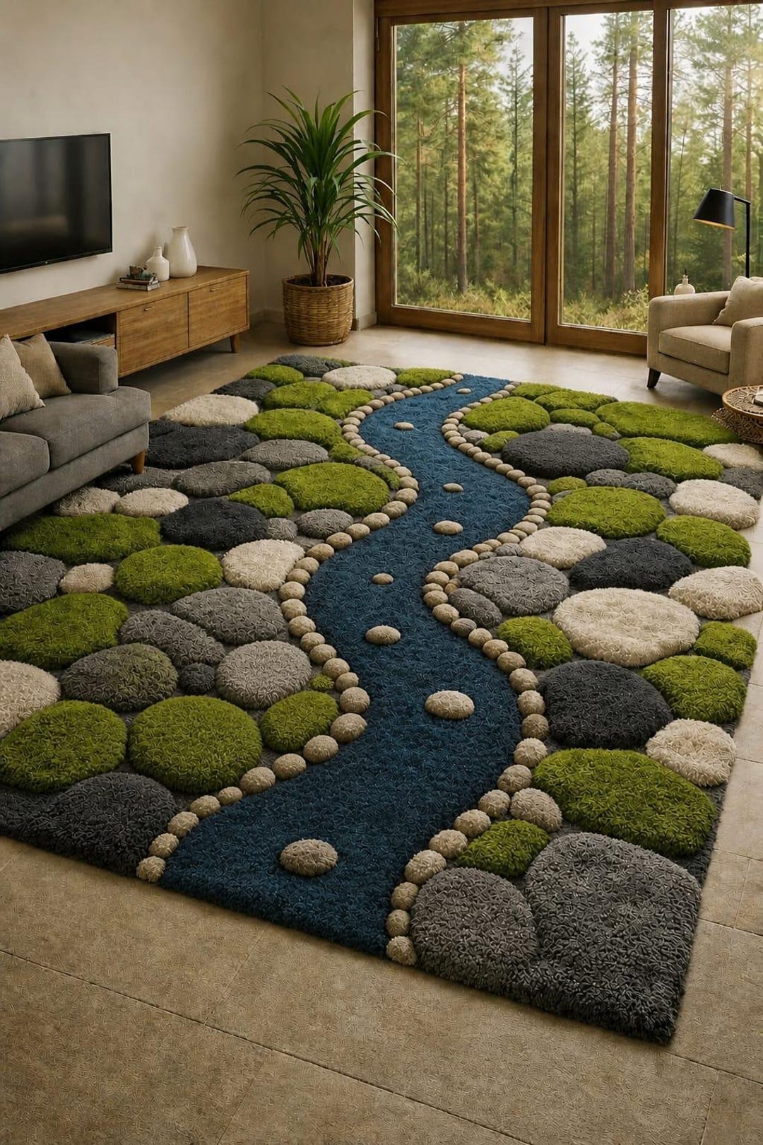 River Rug Custom Hand Tufted River Rug, Moss Stone Texture Carpet, Nature Inspired Area ...