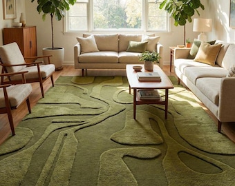Hand Tufted Abstract Green Area Rug, Modern Organic Shape Wool Rug, Scandinavian Living Room Carpet, Handmade Contemporary Rug, Luxury Décor