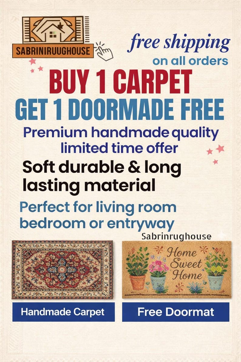 May include: Promotional image for Sabriniruughouse featuring a handmade carpet and a free doormat offer. The text highlights the offer: "Buy 1 Carpet, Get 1 Doormat Free." The doormat has a floral design and the words "Home Sweet Home."