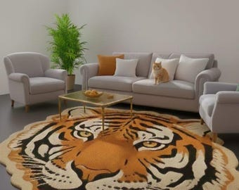 Handmade Tufted Tiger Rug, Tiger Face Shape Area Rug, Custom Wool Animal Rug, Jungle Safari Décor, Statement Living Room Carpet, Gift rug