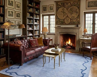Luxury Blue Border Handmade Tufted Rug, Custom Wool Area Rug, Modern boho rug Living Room Rug, Scandinavian Home Decor, Hand Tufted Wool Rug