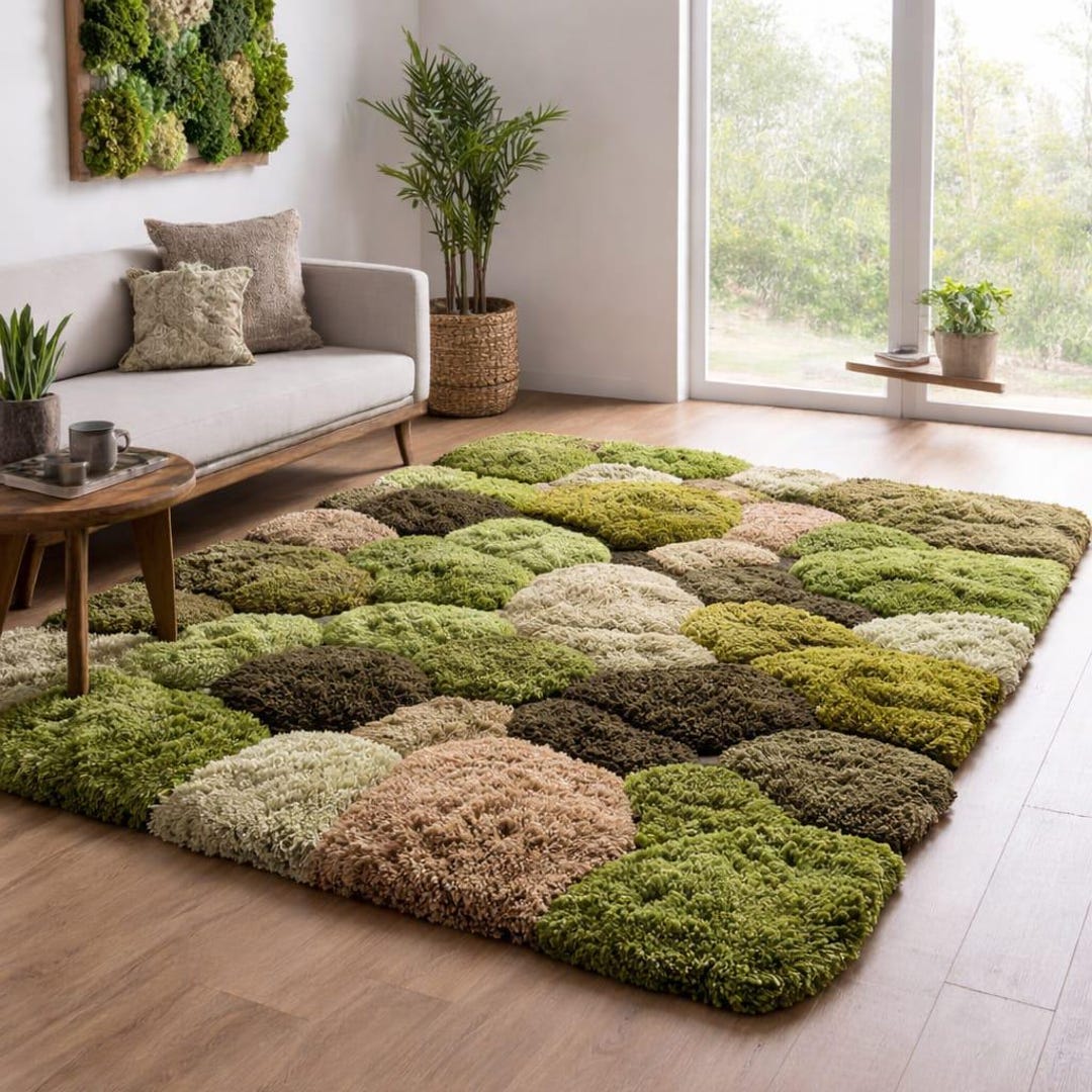 Hand Tufted Moss Rug, 3D Pebble Patchwork Area Rug, Green Nature ...