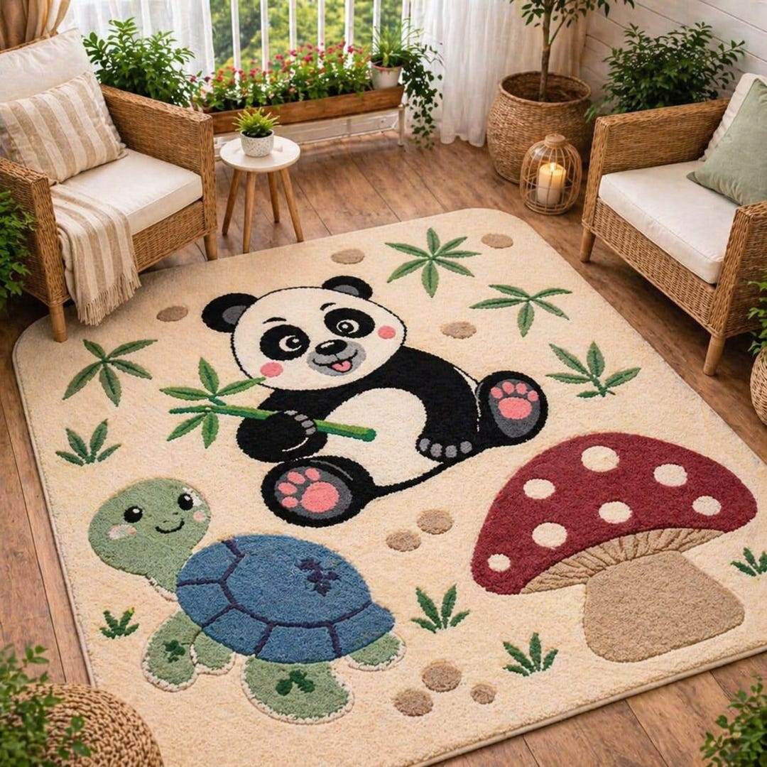 Panda Rug Tufting Handmade Tufted Kids Rug, Cute Panda & Turtle Nursery Carpet, Animal ...