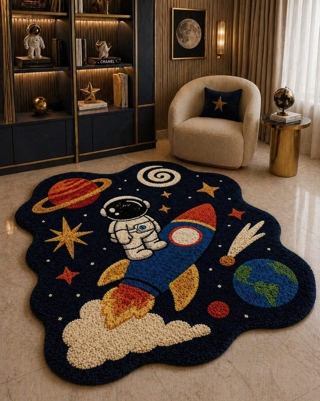 Hand Tufted Space Rug, Kids Astronaut Rocket Carpet, Galaxy Theme Rug ...