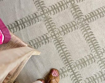May include: A beige rug featuring a repeating geometric design in a soft green hue. The rug is rectangular and appears to be woven. A wooden table and a person's feet wearing brown sandals are visible.