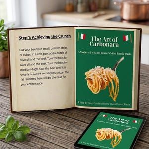 May include: An open cookbook titled "The Art of Carbonara" with a green cover featuring pasta and a fork. The book is on a wooden table next to a tablet displaying the same cover. Text on the page reads "Step 1: Achieving the Crunch."