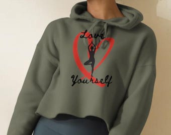 Love Yourself Crop Hoodie | Sage Green Heart Hoodie | Self Love Yoga Hoodie | Women’s Spiritual Streetwear | Yoga Hoodie | Mindful Apparel