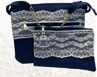 Navy and Lace Handbag Set
