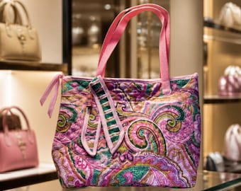 Quilted Tote Bag In Pink & green paisley print