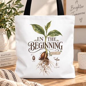 In the Beginning Genesis 1:1 Scripture Tote Bag | Biblical Script Christian Bag Bible Verse Tote Faith Gift Church Bag