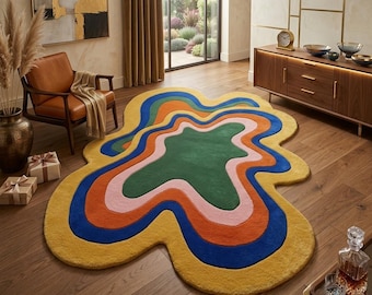 Handgetufteter gewellter Wollteppich, Retro abstrakter Kinder-Spielzimmerteppich, lebendiges Kinderzimmerdekor