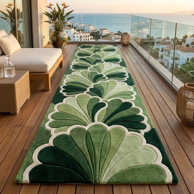 Runner Rug Outline Art Deco Green Fan Runner Rug, Hand-tufted Wool Hallway Carpet (custom ...