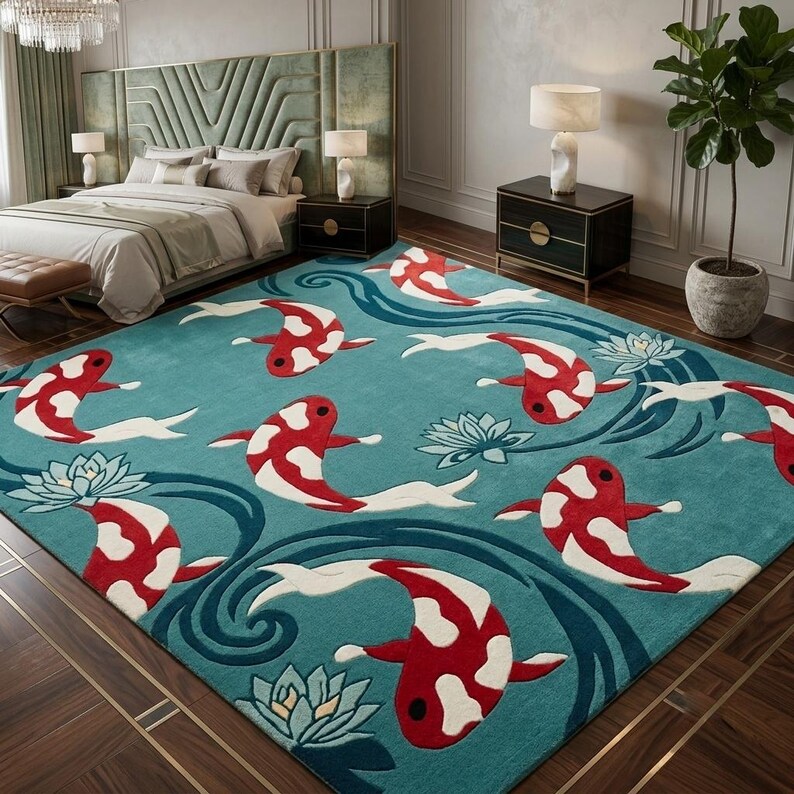 Hand Tufted Koi Fish Wool Area Rug, Japanese Pond Water Lily Carpet ...