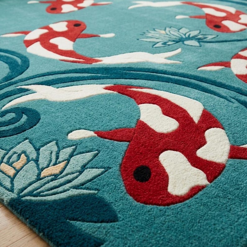 Hand Tufted Koi Fish Wool Area Rug, Japanese Pond Water Lily Carpet ...