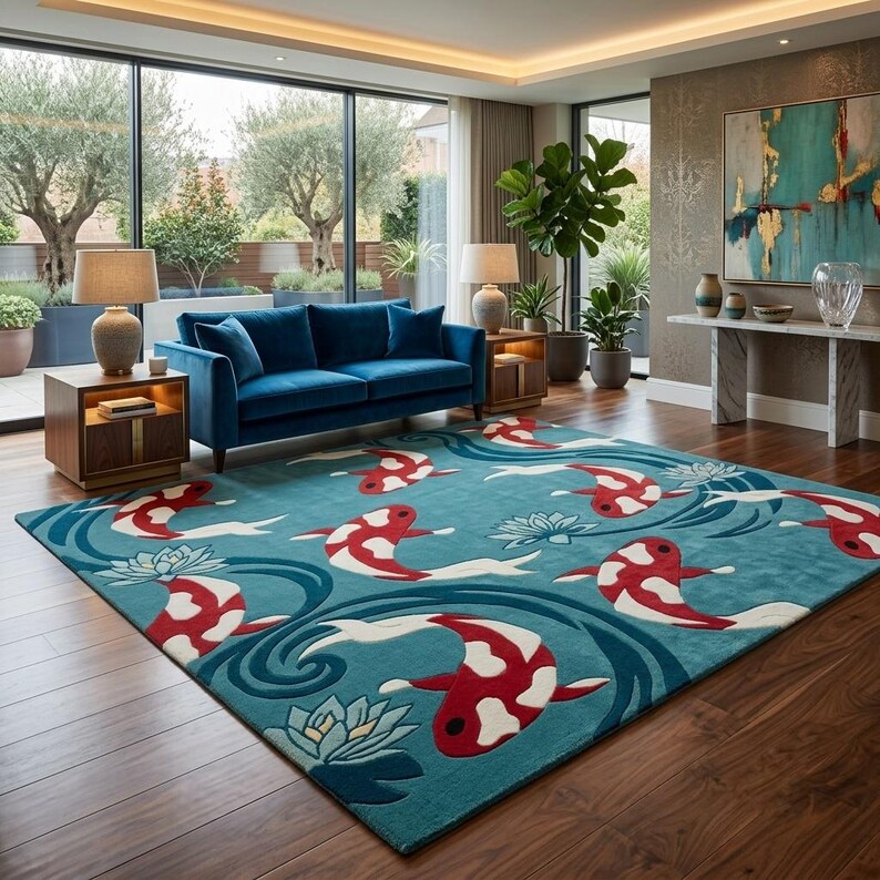 Hand Tufted Koi Fish Wool Area Rug, Japanese Pond Water Lily Carpet ...
