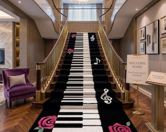 Tapete de escada com estampa de teclado de piano, tapete de lã tufado à mão, decoração com rosas musicais