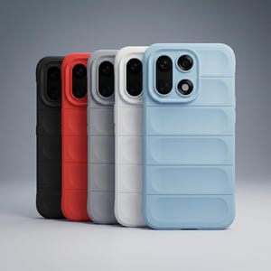 May include: A row of five smartphone cases featuring a quilted, puffer-style design with horizontal padded sections. The cases are arranged in a gradient from black, red, gray, and white to light blue, each with a square camera cutout on the back.