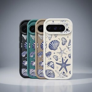 May include: Four smartphone cases arranged in a row, each featuring a repeating pattern of dark blue illustrated seashells and starfish. The cases come in black, teal, tan, and cream, all equipped with a raised camera lens protector frame.
