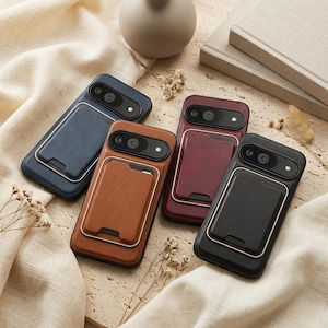 May include: Four rectangular smartphone cases in navy blue, tan, burgundy, and black. Each case features a matching integrated card holder on the back, a prominent black camera housing with circular lenses, and a thin metallic border around the card slot.