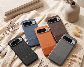Funda Pixel de lujo con acabado mate en lino y piel sintética, sin marco y a prueba de golpes para Google Pixel 10, 9 Pro XL, 8a y 8. Funda antihuellas.