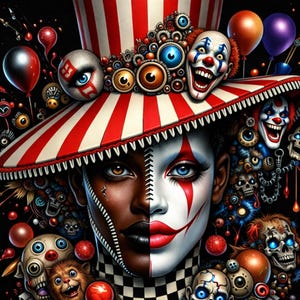 Gothic Clown Wall Art, Black Man Split Face Circus Portrait, Macabre Printable, Digital Download