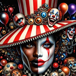 Op de afbeelding: Een surrealistisch digitaal kunstwerk met een in tweeën gedeeld gezicht, de ene helft donkergekleurd, de andere wit met clownsmake-up. Een rood-witte gestreepte hoge hoed is versierd met ogen, tandwielen en clowngezichten. Ballonnen en schedels maken het circusthema compleet.