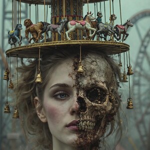 May include: A striking image of a woman's face, split between human and skull, topped with a carousel. The carousel has toy horses in different colors. Golden bells dangle from the carousel, adding a macabre touch.