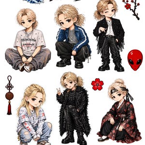 May include: A sticker sheet featuring six chibi-style characters with blonde hair in various outfits, including casual wear, a black fringe jacket, and traditional attire. Decorative elements include a wave, red flowers, a red alien head, a temple, and text.