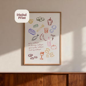 Może przedstawiać: Oprawiony wydruk cyfrowy z kolorowymi ilustracjami jedzenia i napojów, w tym oliwek, papryki i butelki wina. Wydruk zawiera tekst "Digital Print" i odręczny tekst.