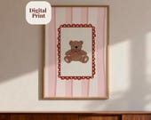 Baby Girl Nursery Wall Art Printable | Pink Teddy Bear Decor | Girly Nursery Poster | Aesthetic Bow soft print | Instant Digital Download