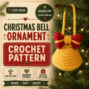 Puede incluir: Un adorno de campana de ganchillo amarillo con un lazo rojo y amarillo y un lazo para colgar amarillo. El texto dice: 1 CUTE DESIGN, DIGITAL PDF INSTANT DOWNLOAD, CHRISTMAS BELL ORNAMENT CROCHET PATTERN, STEP-BY-STEP, BEGINNER FRIENDLY, FESTIVE GIFT IDEA, MAKE GIFT ENJOY.