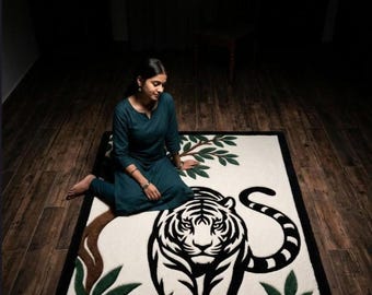 Tapis haut de gamme fait main à motif tigre, tapis en laine de Nouvelle-Zélande tufté à la main, tapis jungle, décoration luxueuse pour salon, tapis en laine sur mesure