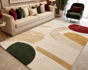 Abstract geometrisch getuft vloerkleed | Modern crèmekleurig tapijt uit het midden van de eeuw met groen, rood en goud | Minimalistische boho slaapkamer woonkamerdecoratie